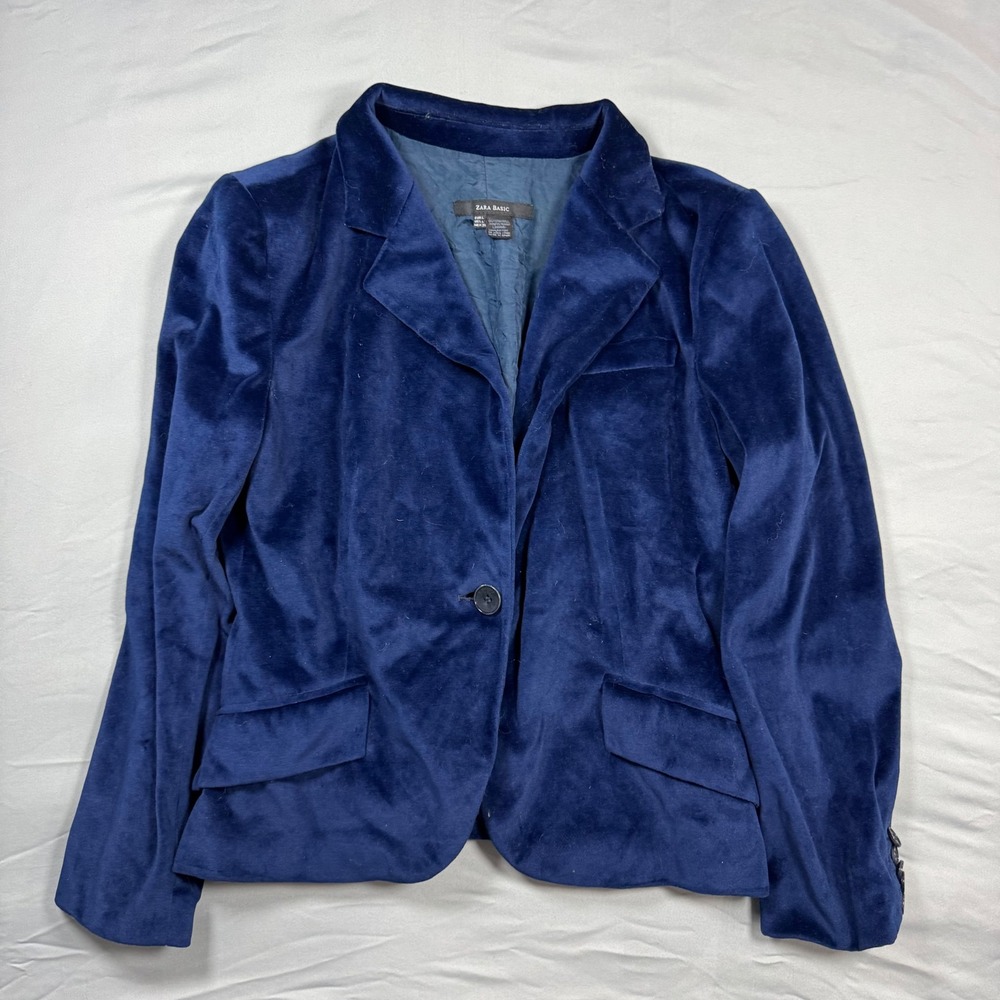 Zara Basic Navy Blue Velvet Single Button Blazer Jacket Womens L Career Business